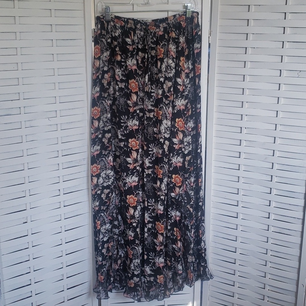 Free People floral wide slit ruffle leg pull up elastic waist women's pants S